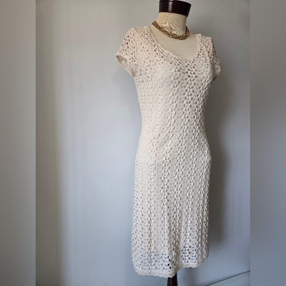 FREE PEOPLE Crochet Knit Cream Dress With Slip Lining. Size Large - Picture 3 of 11